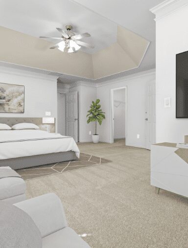 A white bedroom design with a green plant