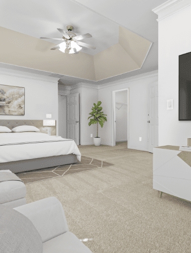 A white bedroom design with a green plant